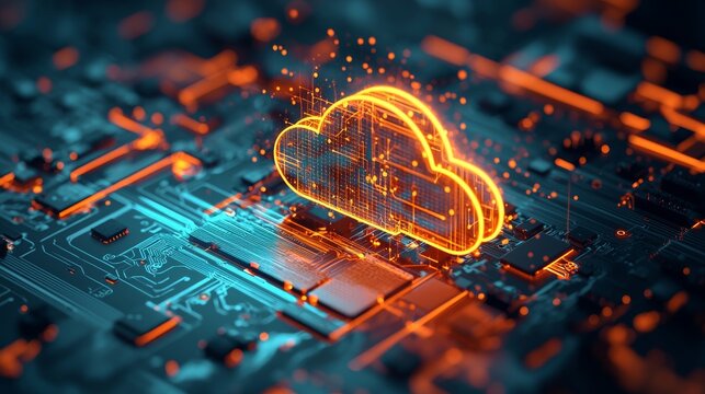 This image shows a futuristic cloud computing infrastructure with glowing connections, integrated with AI automation systems, and a sleek technological interface