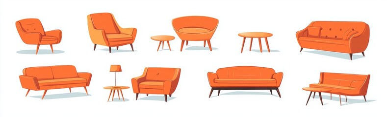 An apartment's interior blueprint is depicted with a set of modern icons, including chairs, tables, couches, bathrooms, and toilets.