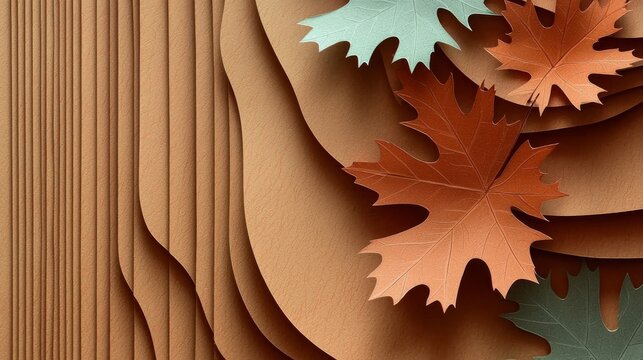 abstract background made from paper cut. Copy space over paper. Bright pastel red, orange, brown, yellow shade tone , paper layer shape are maple leaf, high detial