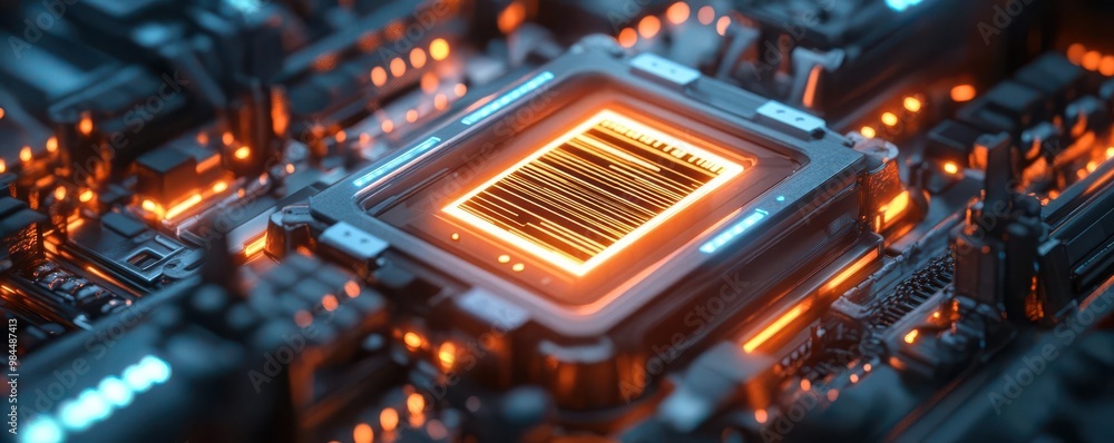 Poster a close-up of a glowing microprocessor on a circuit board, showcasing intricate details and modern t