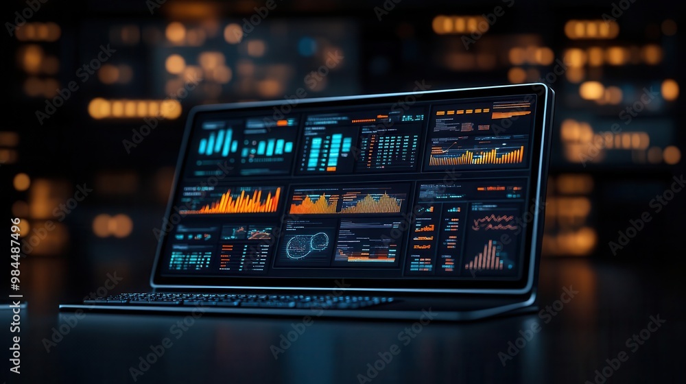 Poster a close-up of a modern laptop displaying vibrant data analytics dashboards in a dark environment. pe