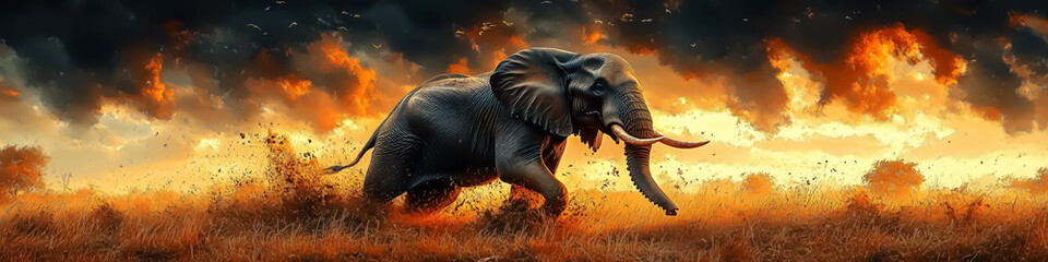 A powerful elephant charges through a dramatic sunset landscape, ideal for wildlife conservation themes and adventure promotions. Design for Wall Art, Poster Print, Wallpaper & Background