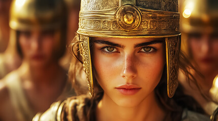 A fierce female warrior in ancient armor, conveying strength and leadership in her army, ideal for fantasy film promotions or historical event design.