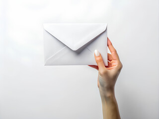 Close-up Woman Hand holding White blank envelope on isolated white background