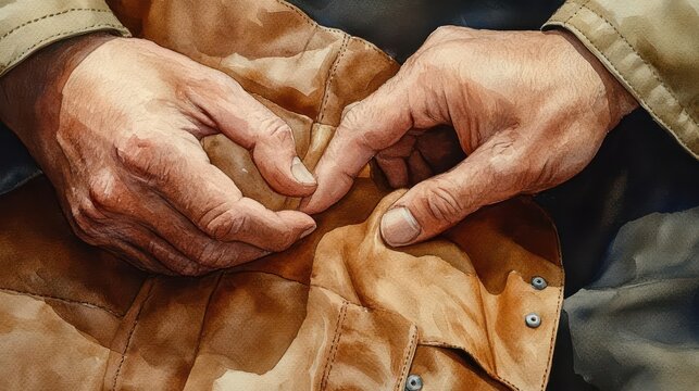 A close-up of hands skillfully repairing a leather jacket, showcasing craftsmanship and attention to detail in textile work.