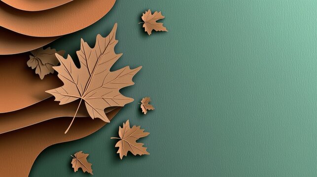 abstract background made from paper cut. Copy space over paper. Bright pastel red, orange, brown, yellow shade tone , paper layer shape are maple leaf, high detial