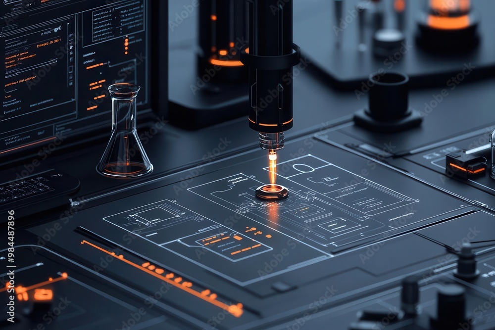Poster a close-up view of advanced laboratory equipment featuring a microscope and digital interface for re