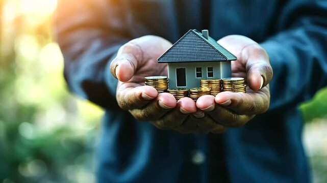 Hands holding a small house and coins, showing the strength of real estate as a stable financial asset