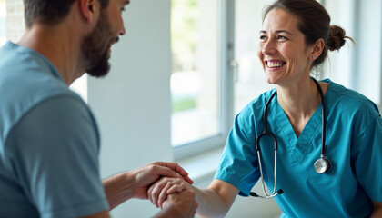 Fototapeta premium Doctor caregiver wearing uniform comforting and supporting senior man, good news about treatment, empathy and care, Close up caring nurse holding smiling mature patient hand at meeting in hospital, 