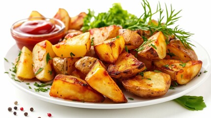 A plate filled with golden roasted potato wedges garnished with fresh herbs, accompanied by a serving of ketchup for dipping. Perfect snack or side dish.