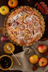 Autumn apple tart close up, top view