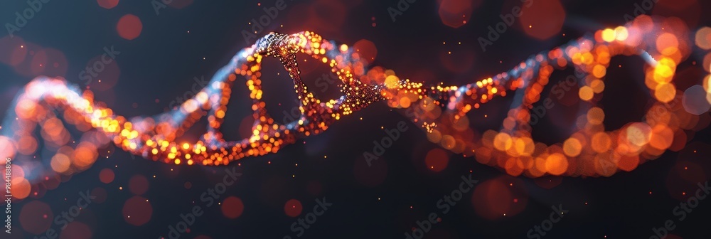 Poster glowing dna double helix with orange light particles, set against a dark background with a bokeh eff