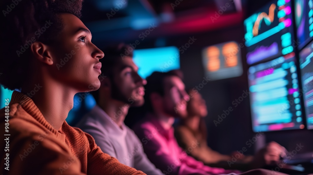Poster young professionals analyzing data on screens in a dimly lit tech office at night with colorful grap