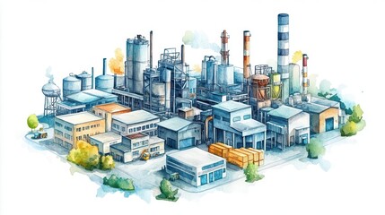 A detailed illustration of an industrial complex featuring various facilities, smokestacks, and trees in a vibrant watercolor style.