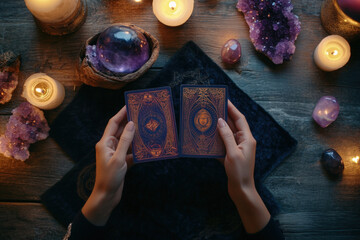 Fortune teller is reading tarot cards surrounded by crystals and candles on a wooden table