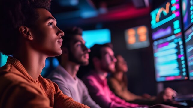 Young professionals analyzing data on screens in a dimly lit tech office at night with colorful graphs and statistics