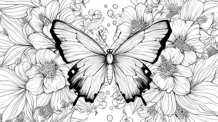 Fototapeta premium Black and white drawing of a butterfly with flowers in the foreground and water bubbles in the background