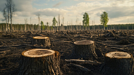 Obraz premium A poignant scene of deforested land with stumps and barren trees, highlighting the impact of climate change.