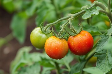 Three ripe tomatoes are hanging from a plant. The tomatoes are green and red in color