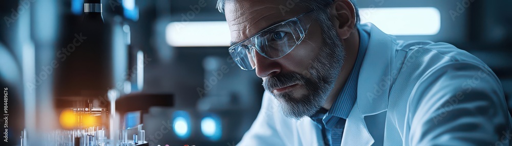 Aufkleber a focused scientist analyzing samples in a laboratory, showcasing dedication and precision in scient