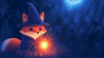 Fototapeta premium Fox wearing a wizard hat and cloak casting a fireball in a moonlit clearing, animal wizard, fox casting spell in magical forest