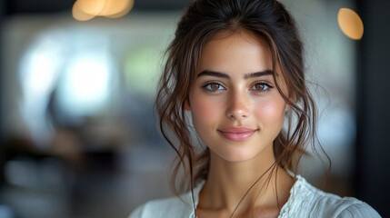 Obraz premium Smiling woman with brown hair and eyes.