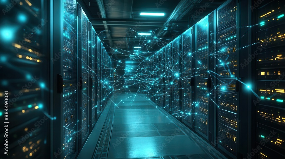 Poster a futuristic data center showcasing interconnected servers illuminated by blue light, representing a