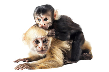 Two playful monkeys interacting lovingly indoors under bright lighting in a cheerful environment, showcasing their curious nature on transparent background