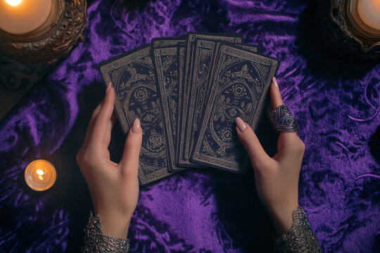 Fortune teller holding tarot cards over a purple velvet table with candles around, predicting future and destiny