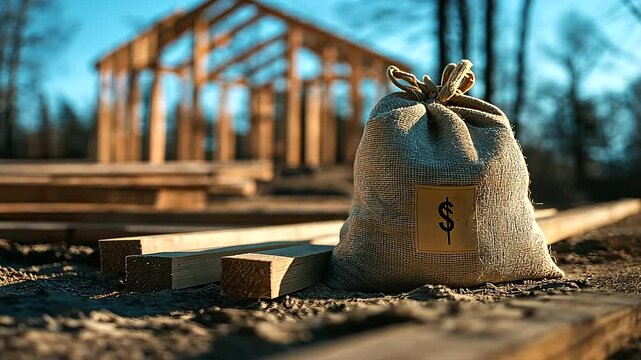 A sack lies on the ground beside a pile of wooden beams, with a home frame visible in the background, symbolizing the financing for the building process