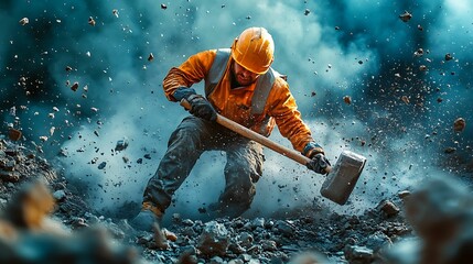 A construction worker wearing protective gear swings a sledgehammer, sending debris flying as rocks break apart in a dramatic, high-energy scene at an industrial site.