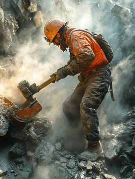 A construction worker in protective gear operates a jackhammer amidst dust and rubble, working hard at a rugged industrial site.