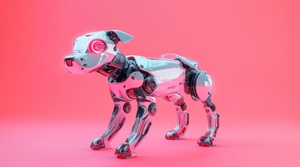 Futuristic dog robot standing on a pastel pink background, showcasing sleek metallic body and glowing eyes.