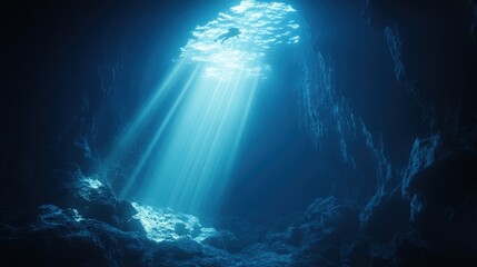Underwater cave with light beams shining down from the surface.
