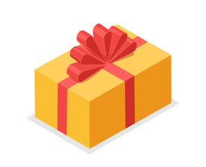 Isometric gift box. Yellow closed giftbox with red bow. Holiday and festival. Package for present or surprise. Social media sticker. 3D vector illustration