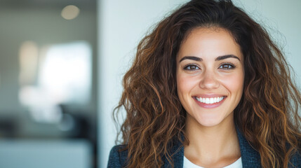 Fototapeta premium A young woman with long curly hair smiles.