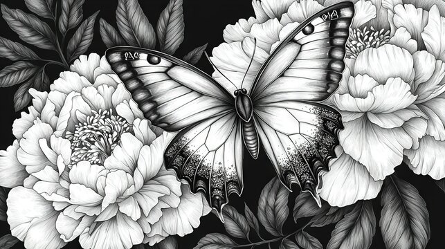   A monochromatic illustration depicts a butterfly perched atop a paeon with foliage and blossoms surrounding it against a dark backdrop