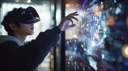 A school student is immersed in interactive learning that utilizes cuttingedge VR technology and advanced AI, significantly enhancing their education with highly immersive and innovative approaches