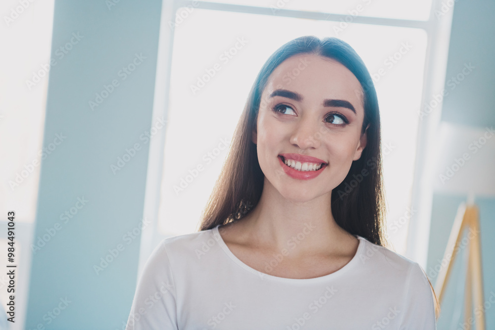 Poster Photo of pretty young woman toothy smile contemplate wear white pullover bright interior apartment indoors