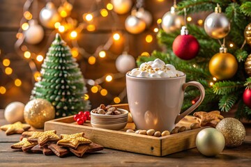 Cup of hot chocolate with marshmallow and cookies, christmas ornaments and gift on wooden tray against stylish christmas tree with lights.
