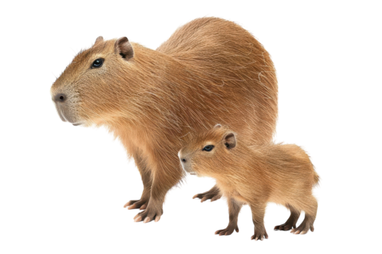 A capybara parent and their young offspring stand together in a bright, well-lit space, showcasing their distinctive features and textures on transparent background