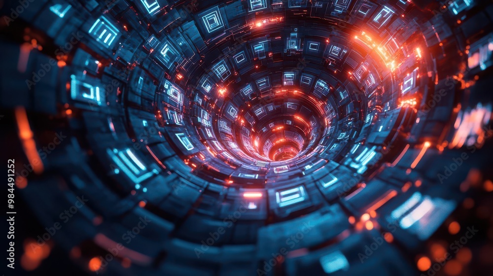 Poster a mesmerizing tunnel of glowing blue and red lights, showcasing a futuristic digital design and dept