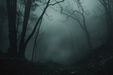 Obraz premium horizontal image of a scary and dark haunted forest with fog obscuring everything creating a horror scene