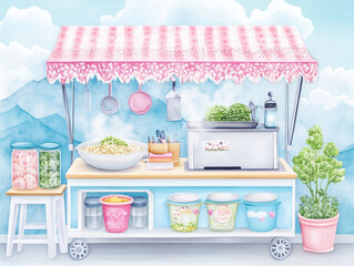 A charming food cart with a pink canopy, showcasing fresh ingredients and colorful containers in a scenic outdoor setting.