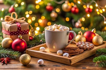 Cup of hot chocolate with marshmallow and cookies, christmas ornaments and gift on wooden tray against stylish christmas tree with lights.