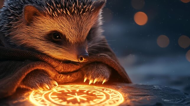 Hedgehog in witch robes lighting a circle of magical runes, animal witch, hedgehog casting light-based spell, glowing runes