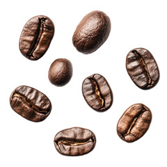 Scattered coffee beans in various orientations, isolated on a transparency background