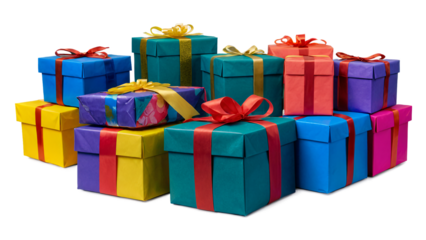 Gift boxes of different colors, wrapped with colorful ribbons and bows. They are arranged on a white background. This image is perfect for any project related to celebration, gifts, presents.