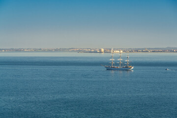 Sailing ship in the bay of Lisbon, Portugal