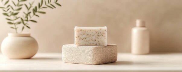 A minimalistic display of natural soap on a wooden surface, complemented by a simple vase and a skincare bottle.